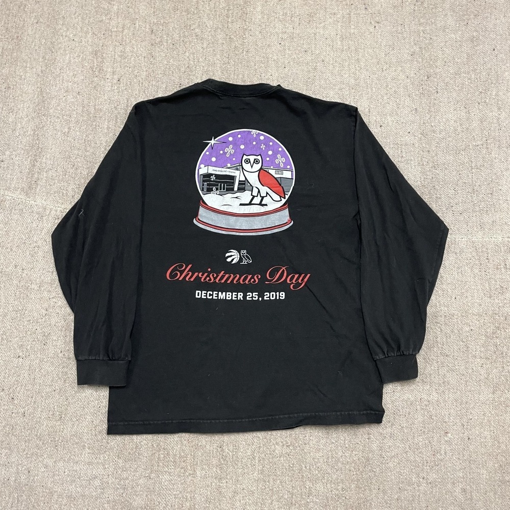 Toronto Raptors OVO Christmas long sleeve shirt mens Large Black Owl‎ globe